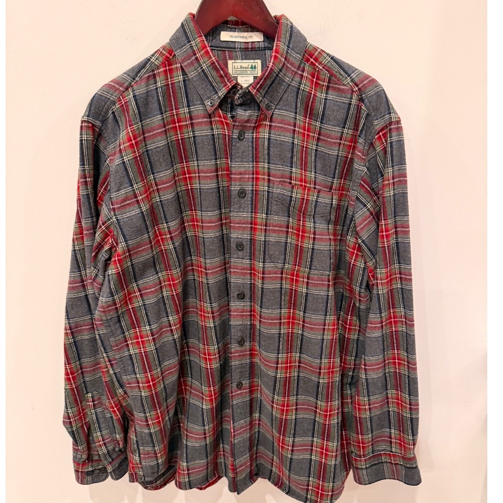 LL Bean Mens Flannel Shirt Large Traditional Fit Grey Red‎ Blue Plaid 228061